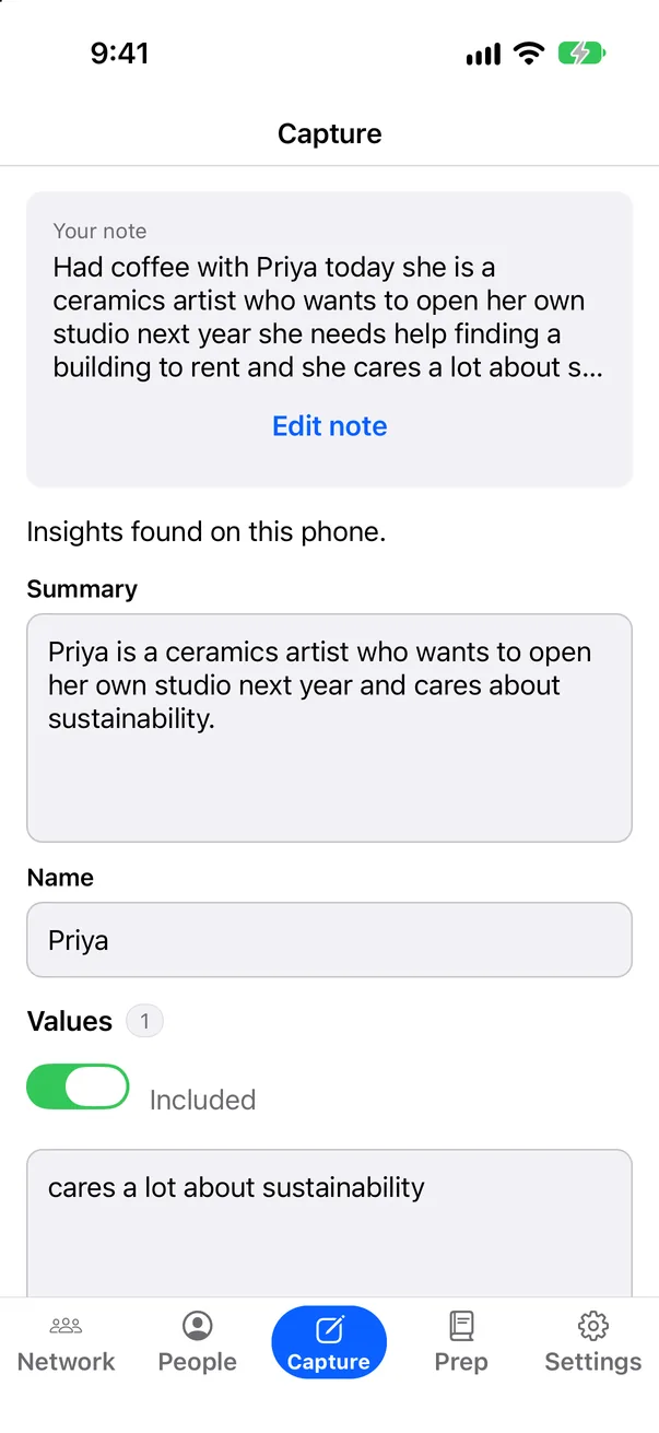 Capture tab after a spoken note about Priya, showing a summary, her name and a North Star found on the phone.
