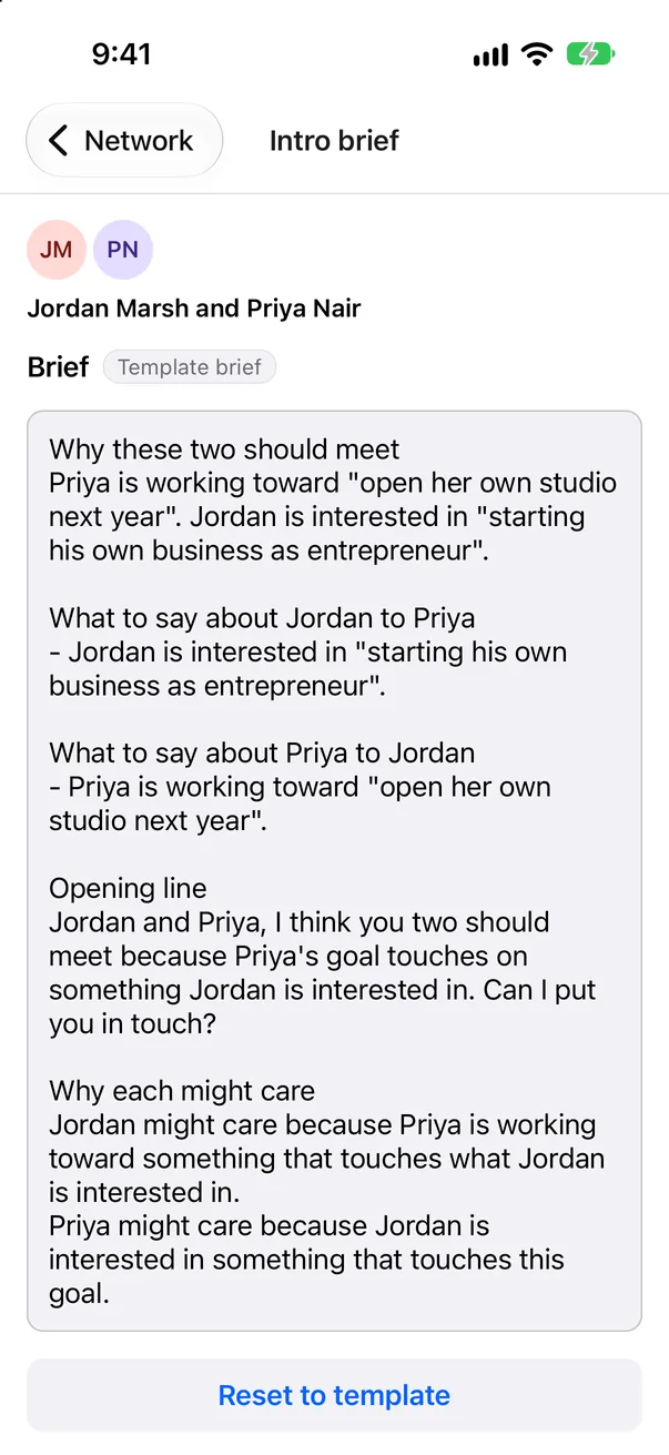 Intro brief for Jordan and Priya, saying why they should meet, what to tell each one and an opening line.