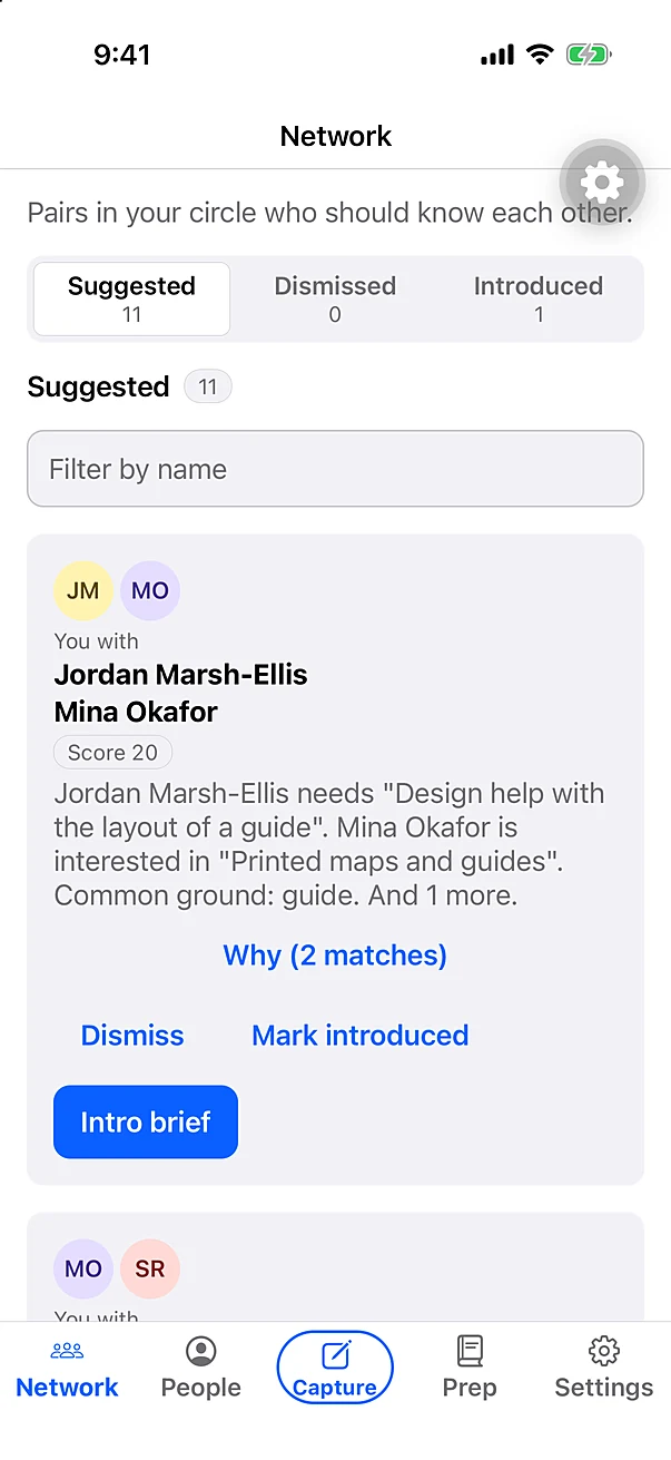Network tab suggesting two people who should meet, with the need and interest that connect them.
